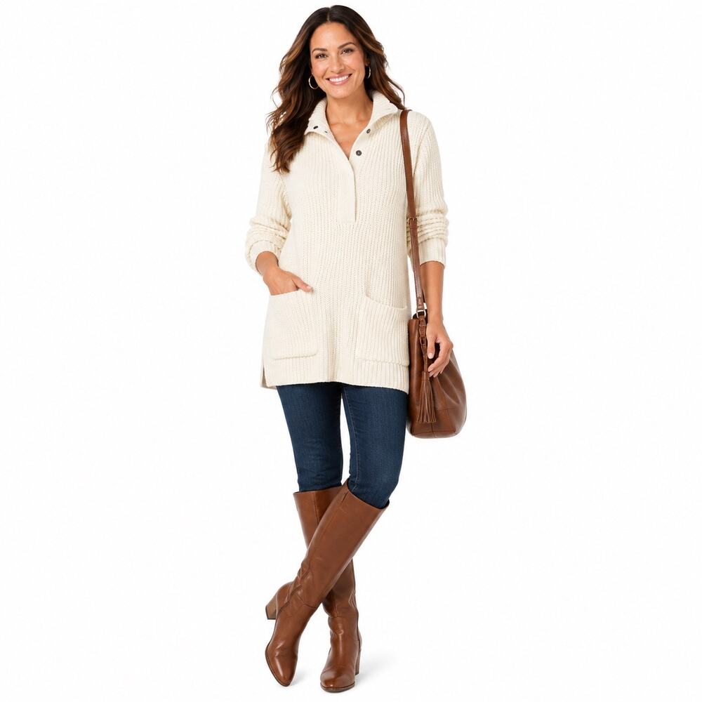 Soft Surroundings Nisette Cable Knit Sweater Tunic Large Ivory Cotton Blend
